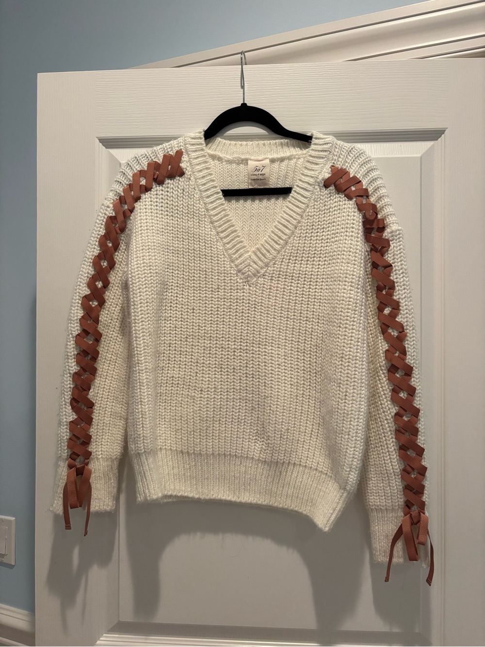 Cinq a Sept Women’s Cream V-Neck Sweater with Brown Lace-Up Sleeves